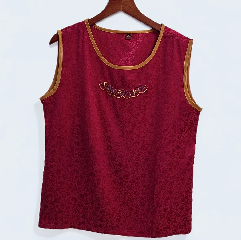001新款轻奢减龄时尚百搭提花背心通勤女士夏季复古红色宽松中式