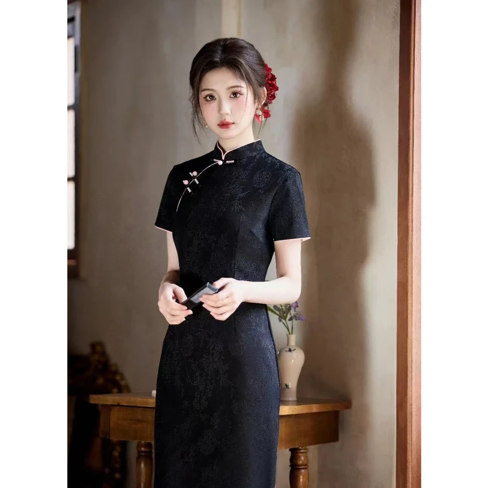 【风絮】夏季中长旗袍 黑色新中式蕾丝中国风复古花纹植物日常