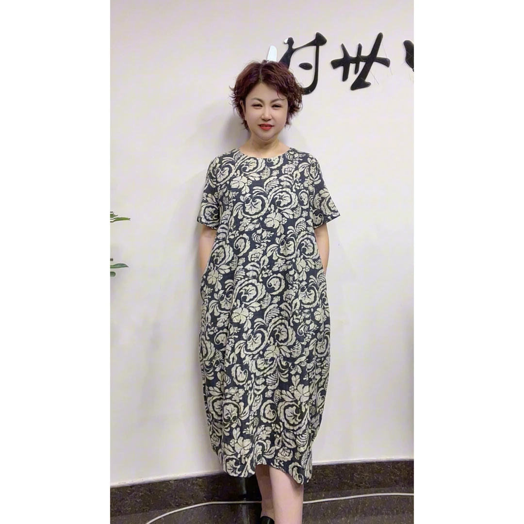 [时世思]夏季棉麻印花宽松文艺短袖连衣裙显瘦中长款气质连衣裙
