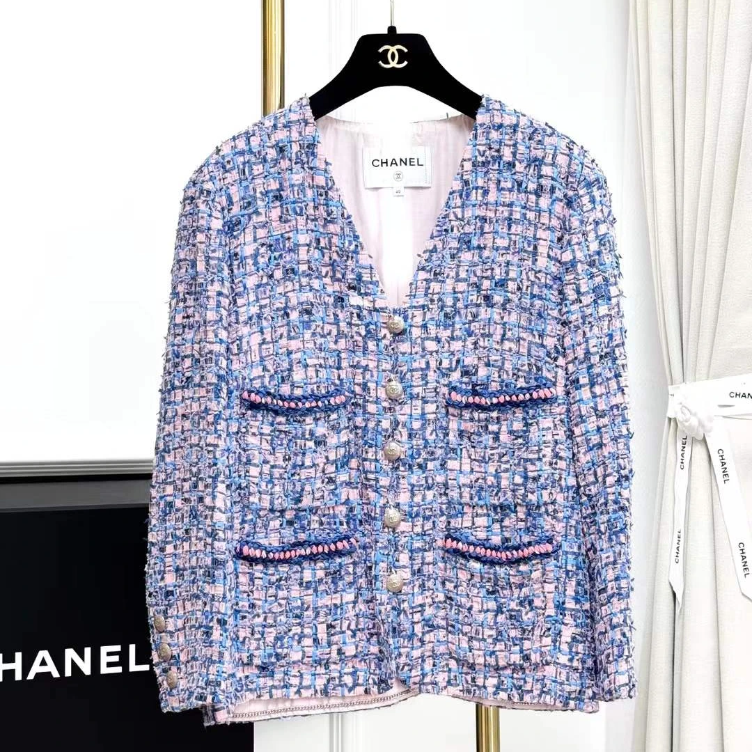 99新 Chanel/香奈儿 40码21P春夏预告粉蓝马赛克四口袋编织外套