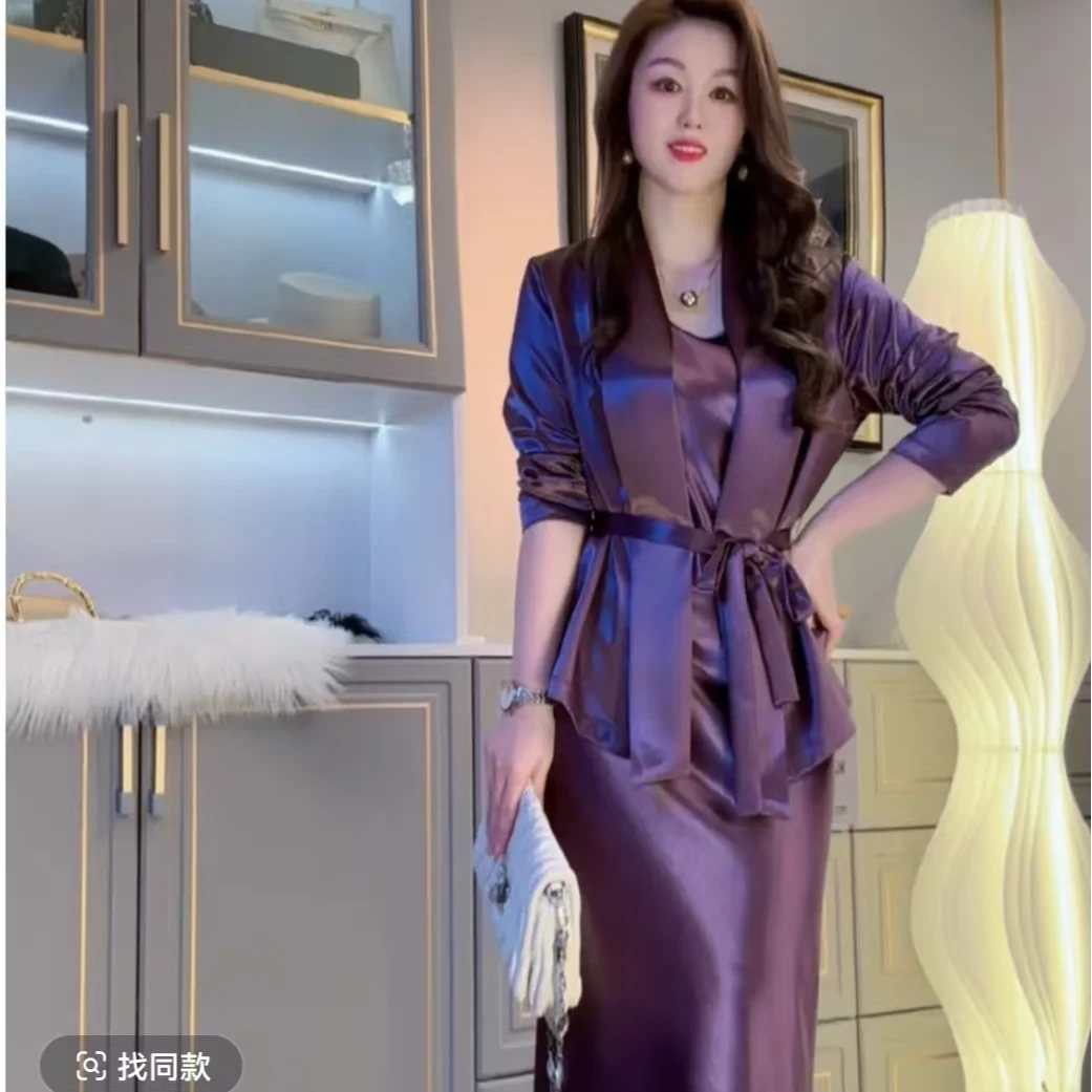 [福利价】8510鎏金缎面气质时尚轻奢百搭通勤显瘦春夏长款裙子套装