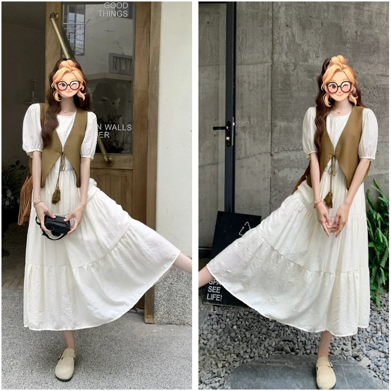 大码女装夏季气质新款短袖长裙遮肉显瘦文艺马甲简约两件套裙子