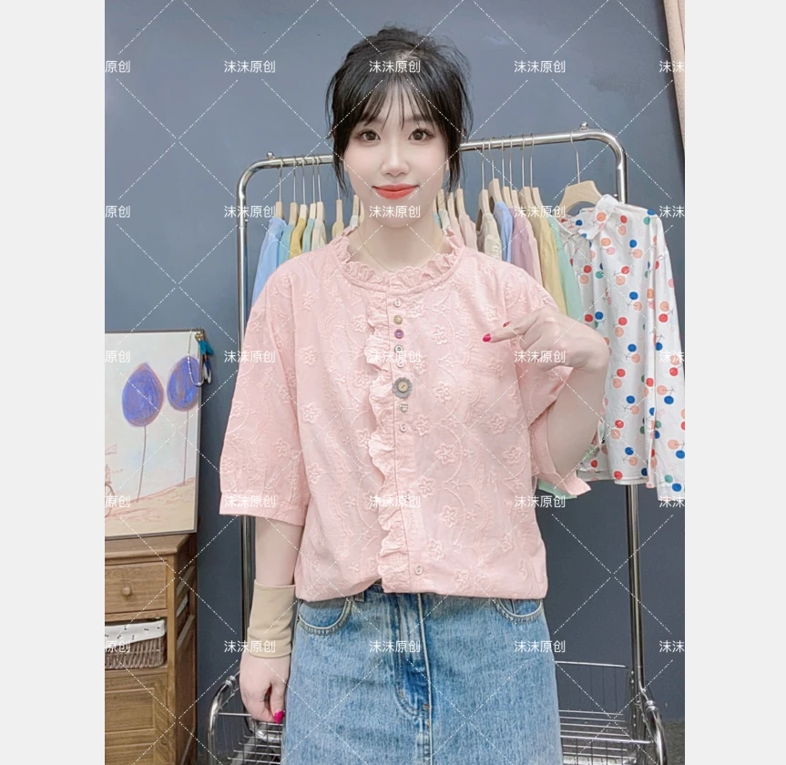 沫沫服饰  法式花边领提花刺绣气质小众高级感小衫宽松短袖上衣