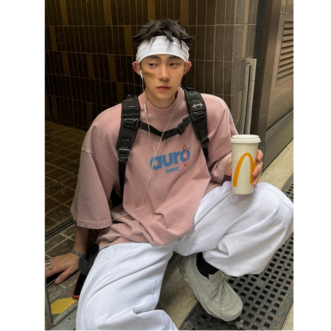 Aurocean 水洗做旧灰粉色短袖T恤 320克纯棉热固油墨印花大版t