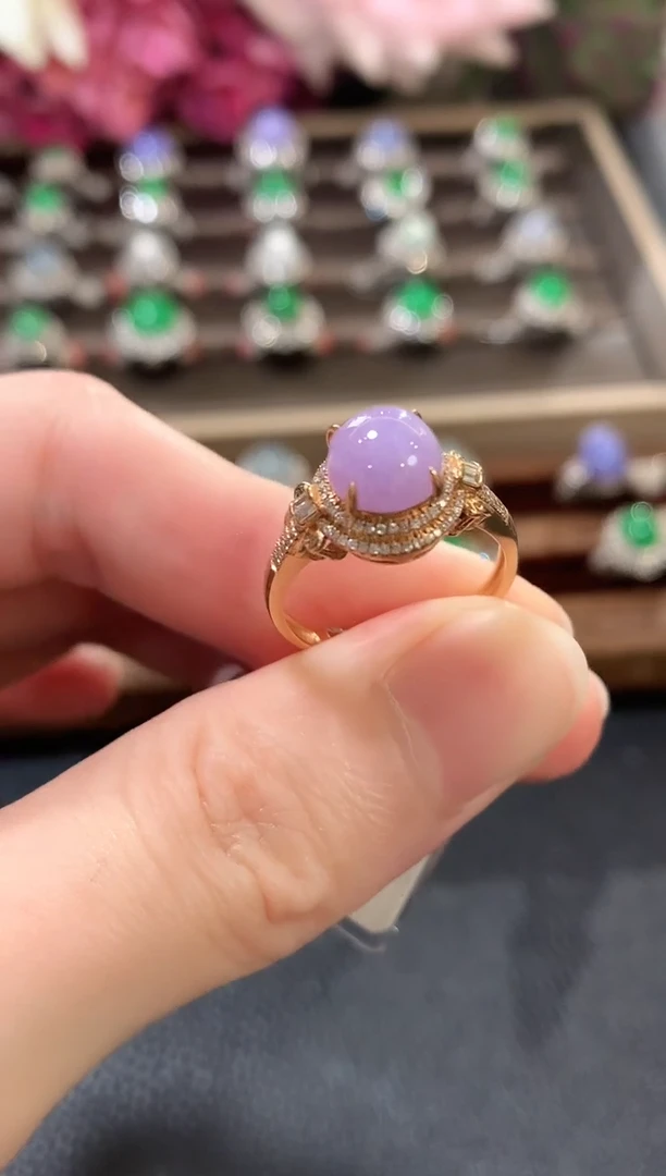 18K金镶嵌戒指翡翠a18紫色有色差