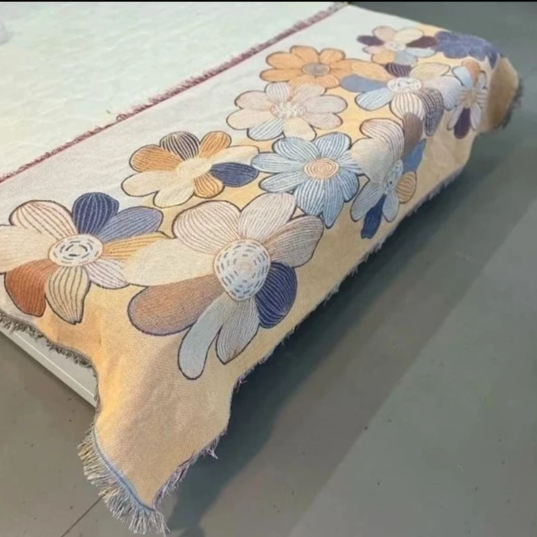 【花儿朵朵】四人90*330新款高端A类纱布艺术沙发巾棉麻防滑编织