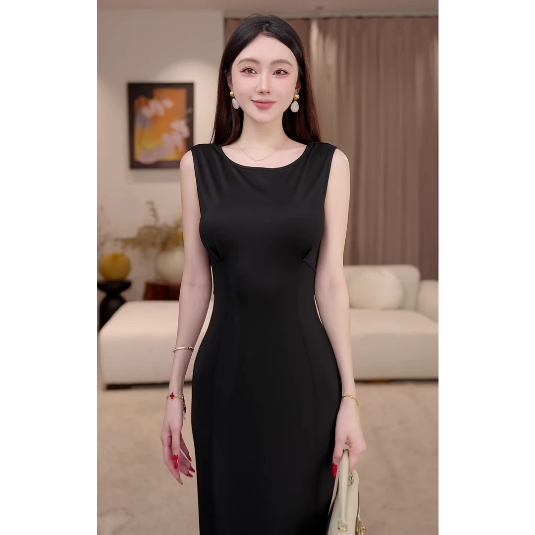 【苏渺】极简主义 夏季新款时尚气质无袖黑裙修身显瘦连衣裙-VG0209