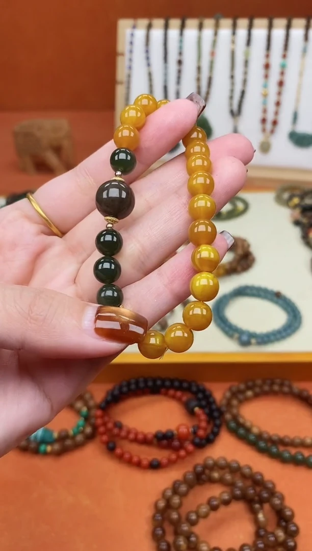 手链蜜蜡未镶嵌单圈蜜蜡和田玉菠菜绿手串