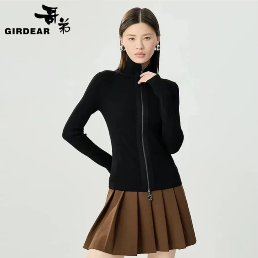 哥弟经典百搭舒适坑条双头拉链高领长袖针织开衫148019