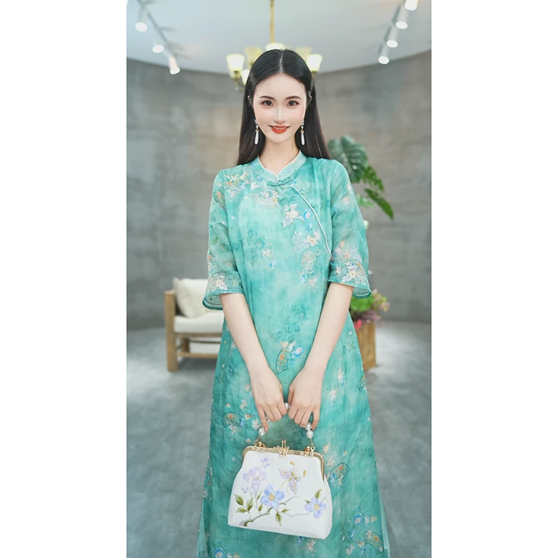 赠李白【蓝雀】显瘦100支苎麻大摆裙国风原创设计旗袍宽松盘扣7062