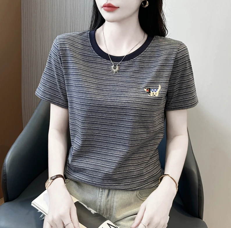 纯棉短袖设计感小众女夏季学生2025宽松条纹刺绣百搭半袖t恤上衣