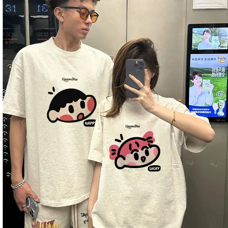 2025夏季爆款卡通小新妮妮白灰情侣T恤宽松百搭小众纯棉圆领上衣