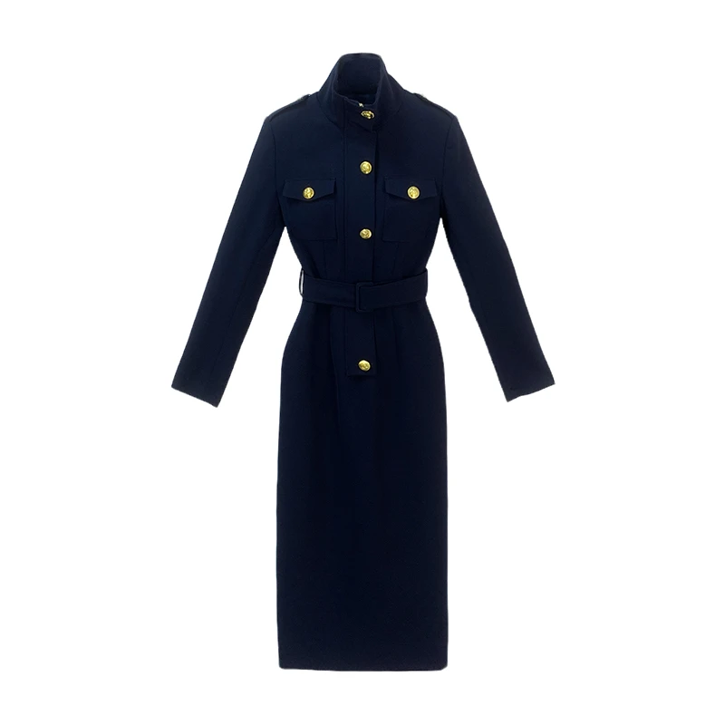 【金穗】秋冬新款藏蓝修身长款高领高级感气质连衣裙- DJ0977