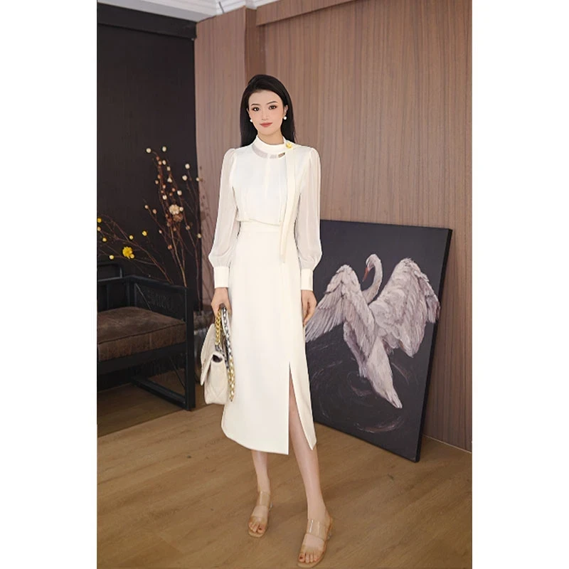 2025新款连衣裙春夏中长款长袖套头气质优雅知性淑女修身显瘦裙