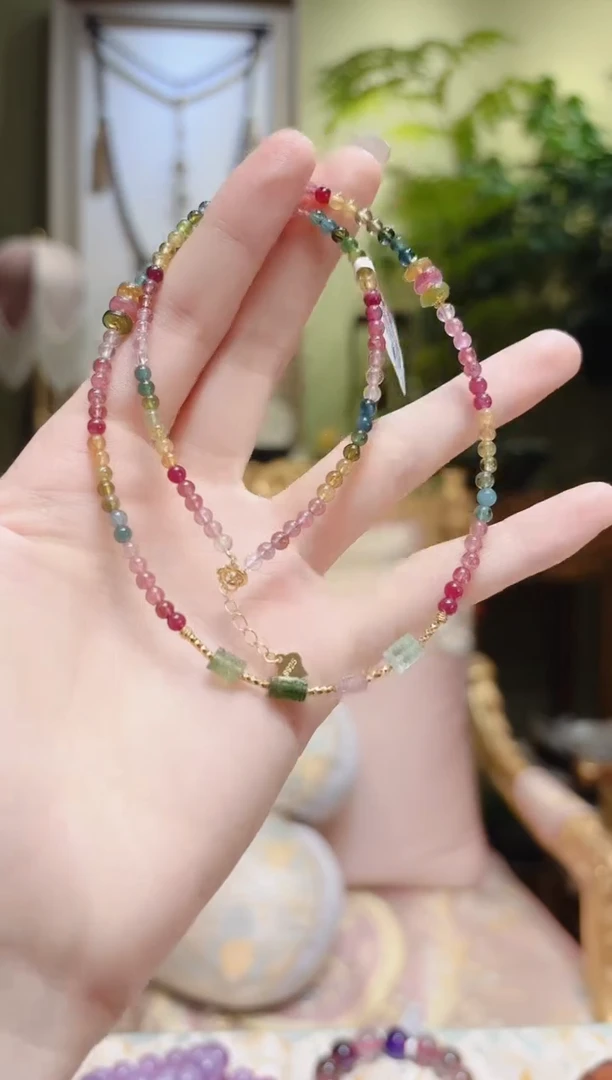 【闪购商品】碧玺项链银S925镶嵌四回纹小米珠碧玺项链