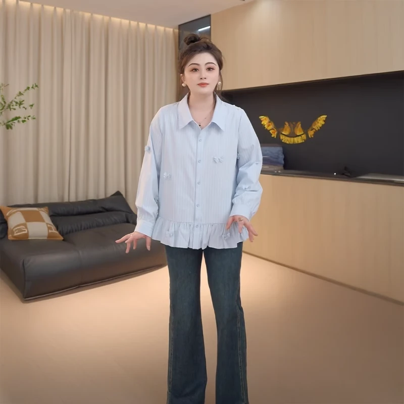 胖媛媛大码女装立体蝴蝶结减龄衬衫女春季胖mm巨显瘦学院风衬衣潮