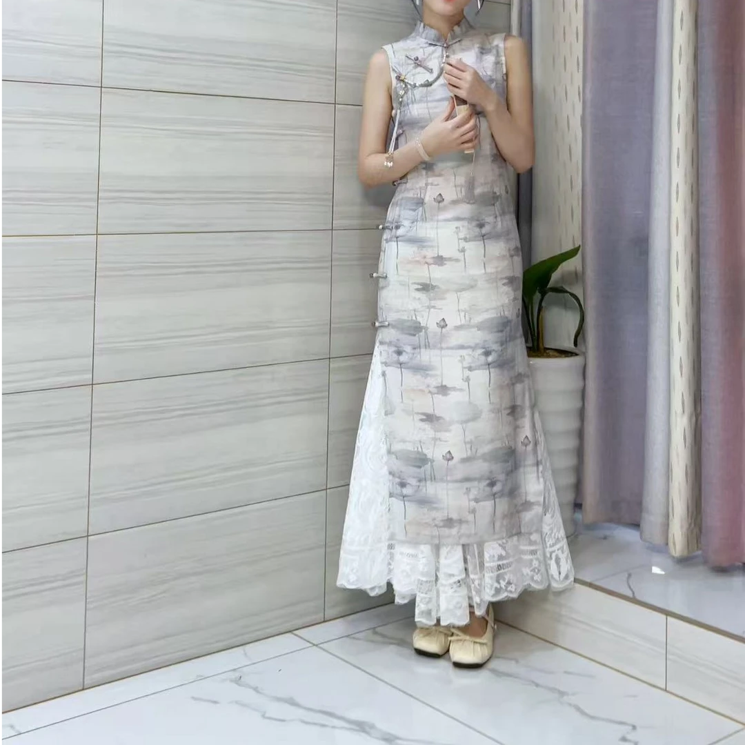 （映荷）万袍中式美学米色日常荷花无袖清新显瘦丝麻中长款改良旗袍