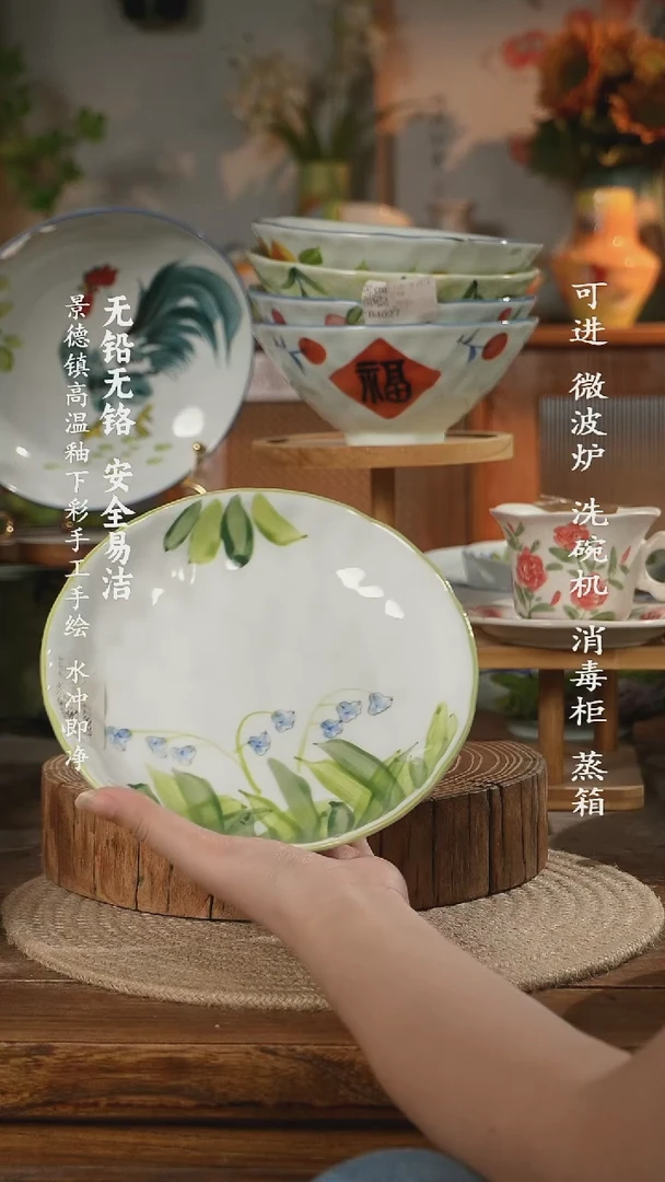 瓷景德镇高温瓷釉下彩手绘陶瓷7.5寸手捏