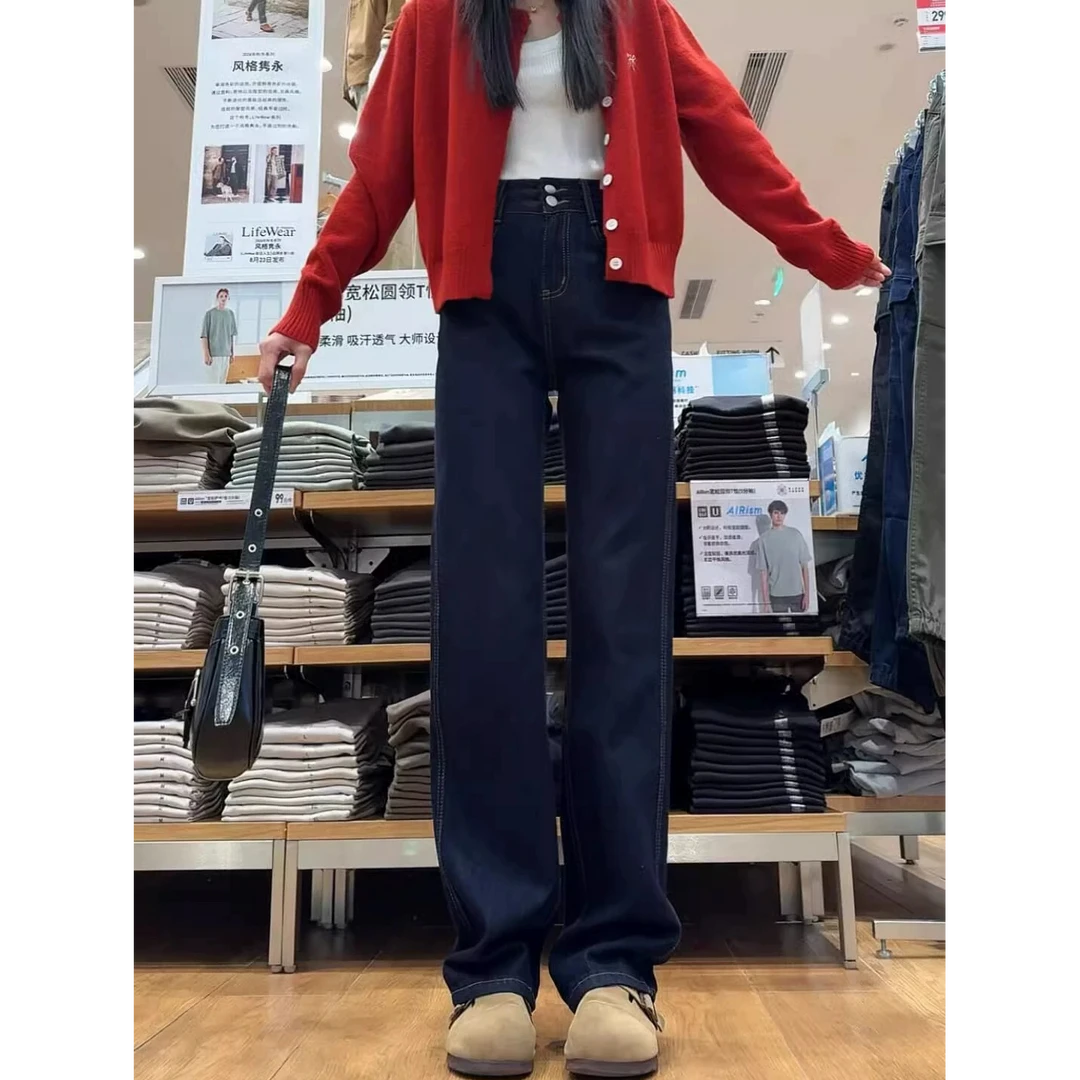 丹宁蓝高弹双纽扣直筒牛仔裤女春季新款高腰显瘦宽松窄版阔腿裤子