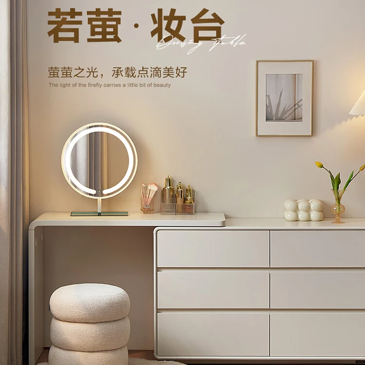 现代奶油风转角伸缩化妆台斗柜一体卧室梳妆桌床尾收纳柜子带妆凳