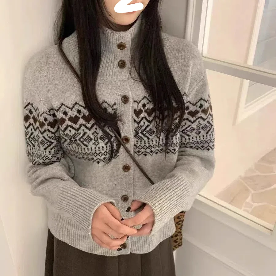 【甜妹专属】韩系冬款甜美气质复古洋气长袖款印花显瘦百搭开衫毛衣