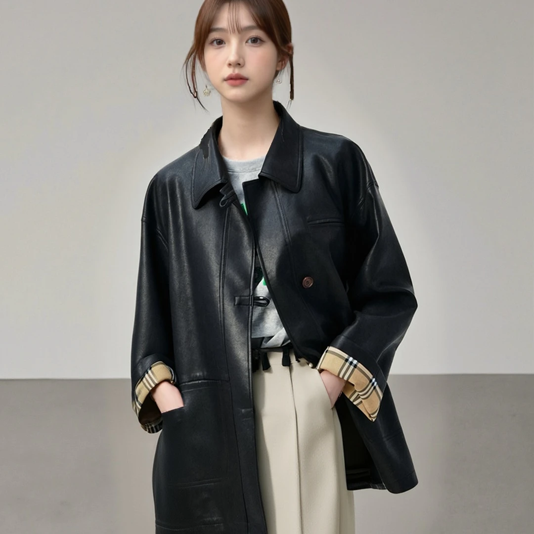VEGACHANG【复古潮味】皮衣女2025年新款秋季撞色袖口外套0290JJ