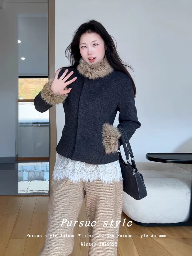 小香风毛呢外套女秋冬可拆卸毛领收腰显瘦气质上衣高腰休闲裤套装