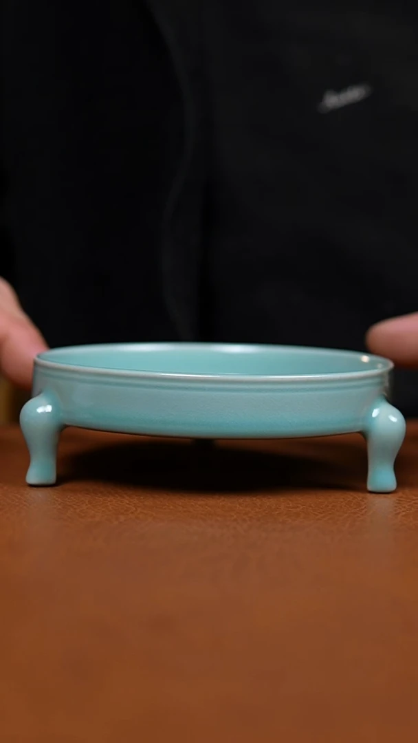 瓷片仿古天青纯手三足笔洗瑕