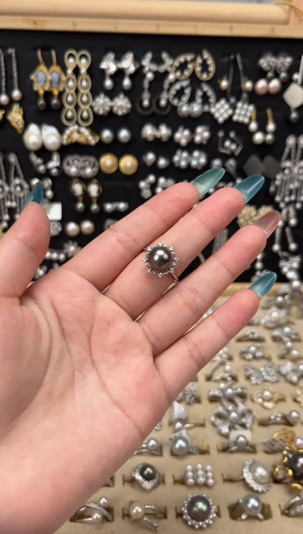 海水珍珠戒圈银S925镶嵌S925大溪地戒指（微瑕）