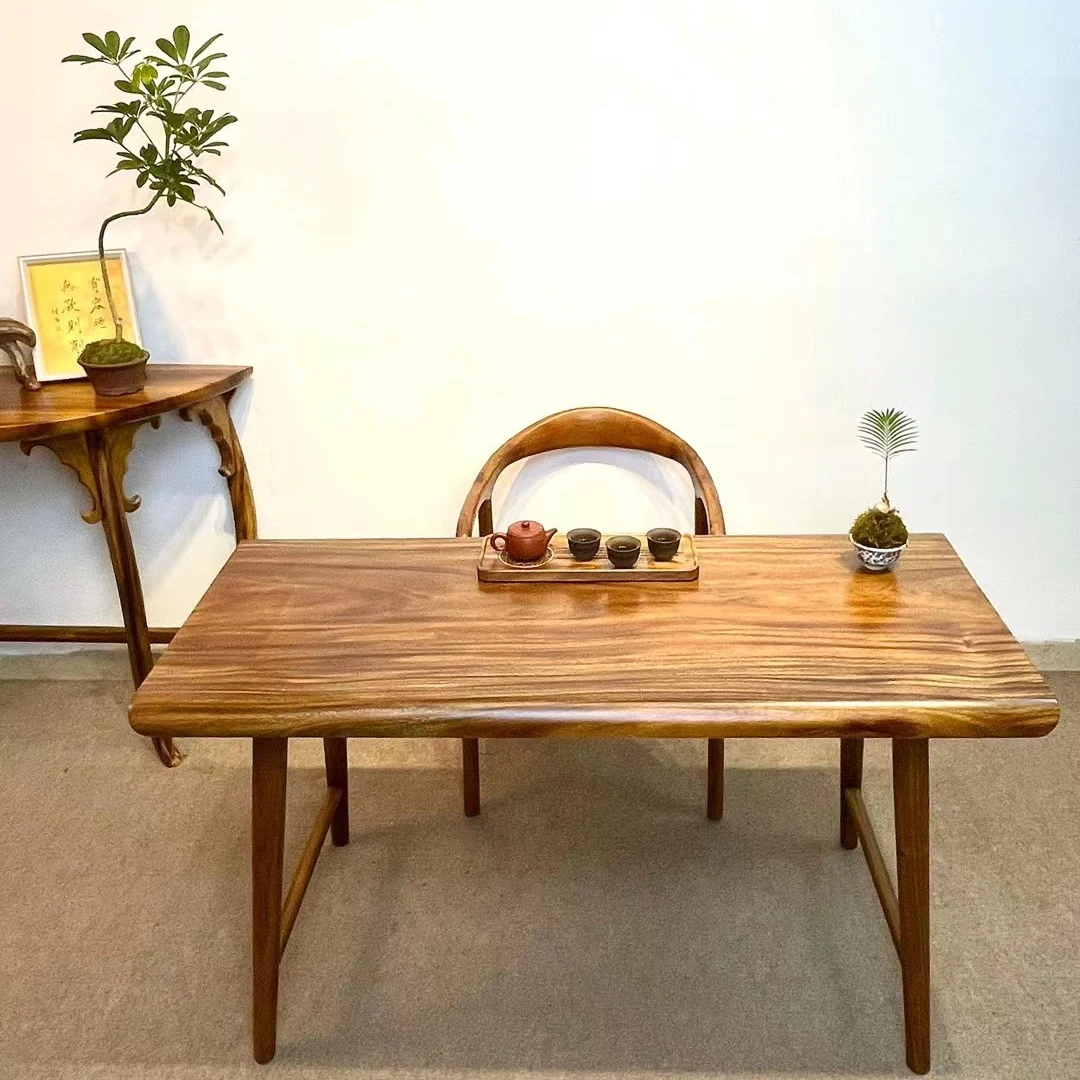 南美胡桃木中古风极简禅意小户型阳台原木茶/餐/书一体多功能桌
