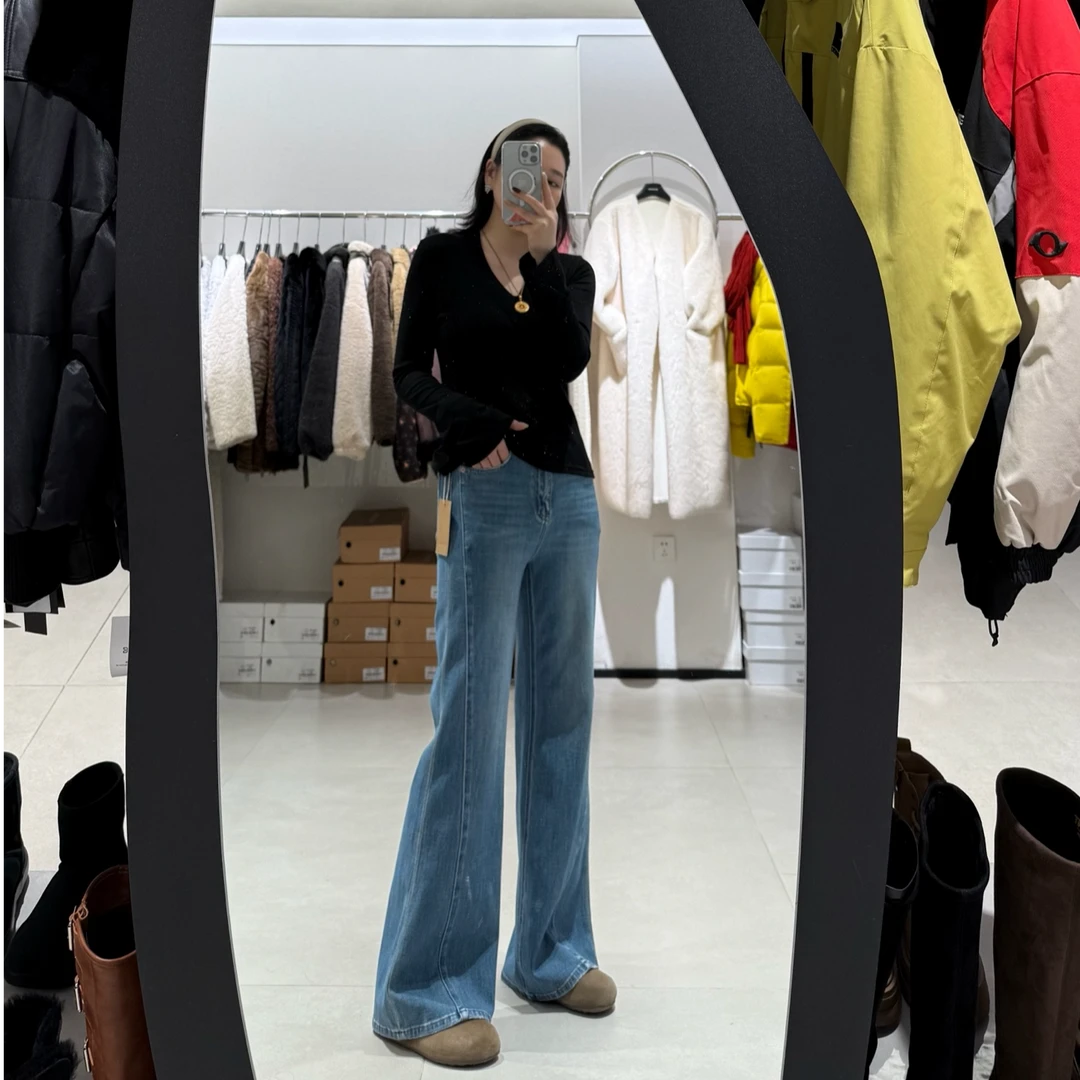 67550-BOENSESI-春季新款四面弹拼接直筒微喇牛仔裤