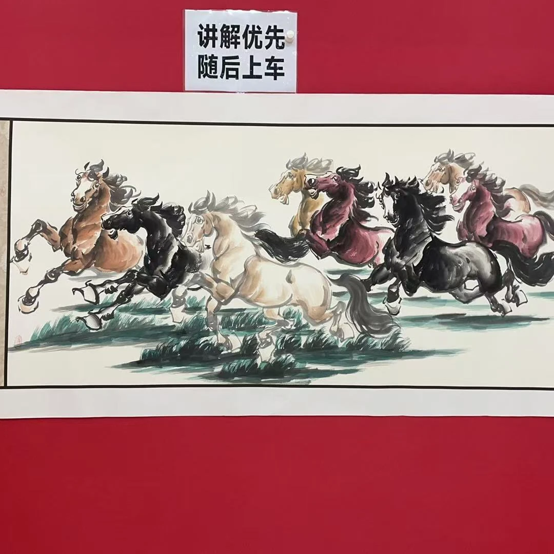李新社八尺横幅手绘宣纸八骏雄风-彩墨画