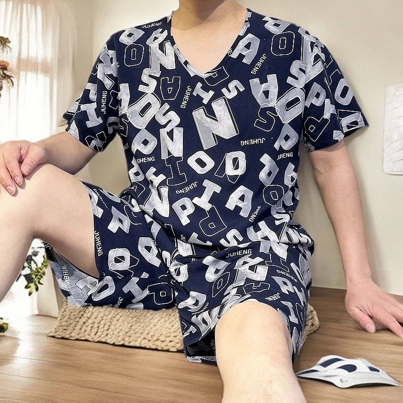 夏季男士棉绸睡衣套装短袖高档薄款青少年休闲V领宽松外出家居服