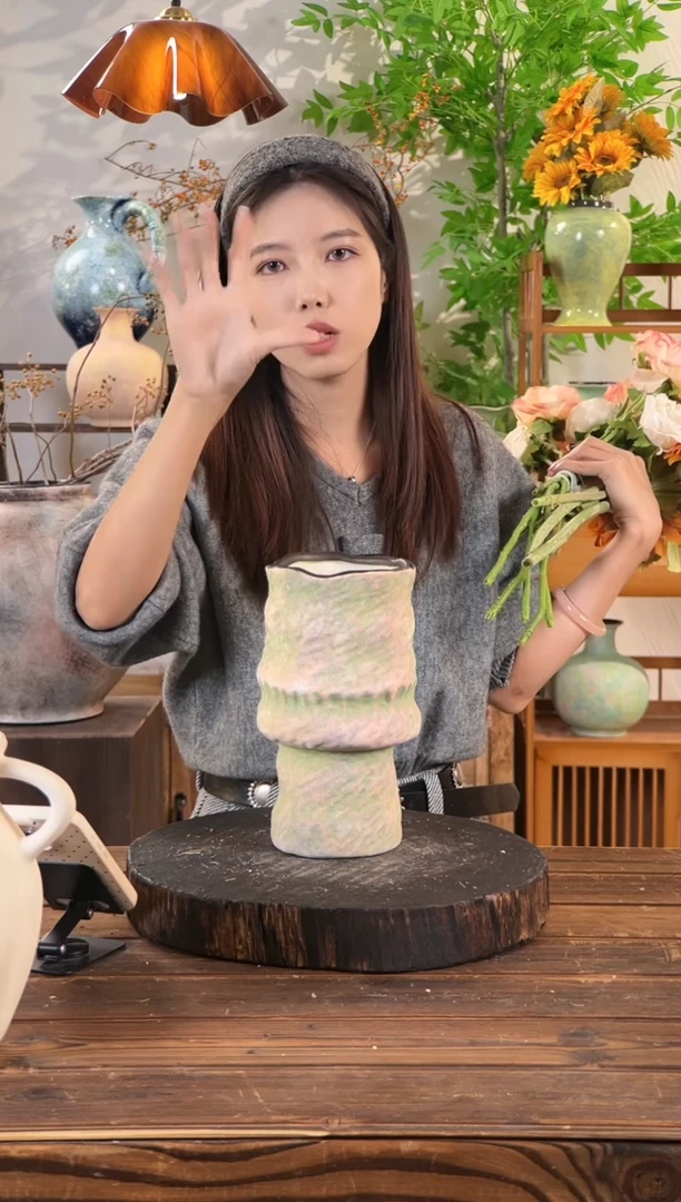 【苔点绿-褶皱花瓶】ins北欧风陶瓷无孔创意素雅民宿软装叠杯花瓶