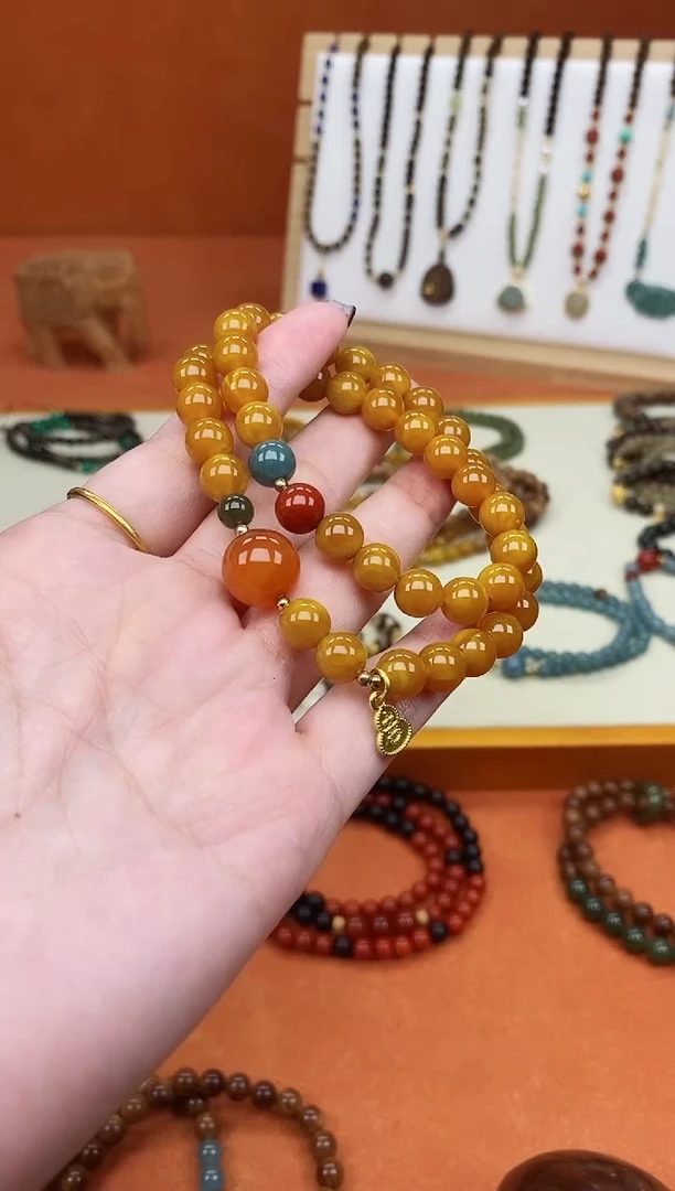 手链蜜蜡未镶嵌双圈蜜蜡和田南红蓝水手串