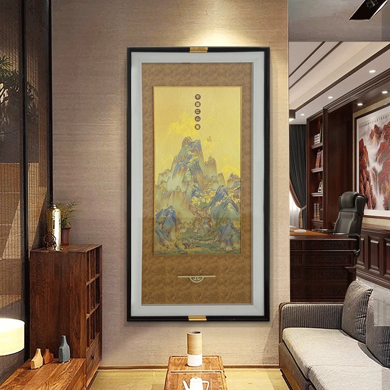 新中式玄关装饰画客厅走廊挂画新中式竖版玄关铜板画千里江山图06