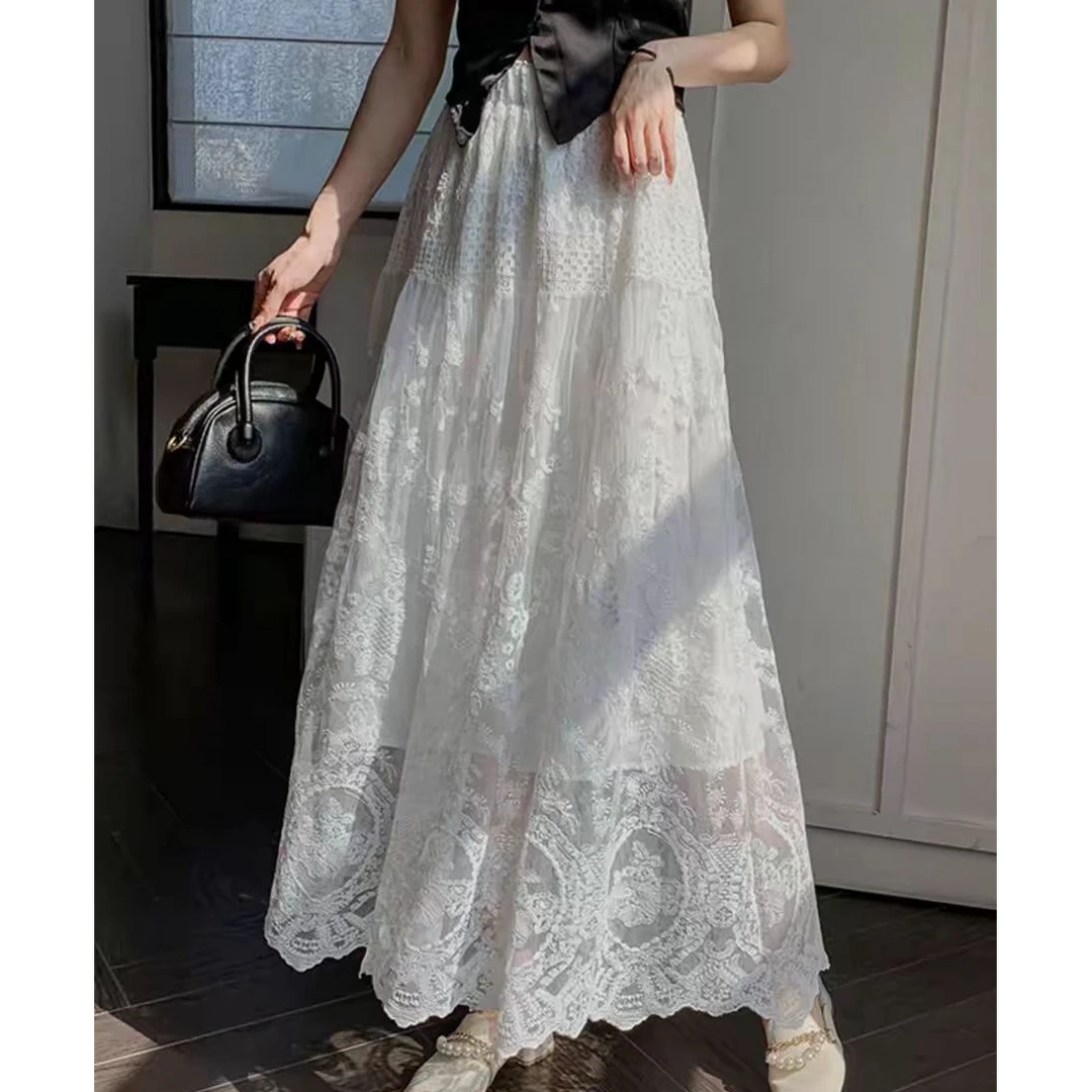 高级感纯色蕾丝半身裙秋季新款减龄垂感a字提花刺绣裙百搭伞裙子
