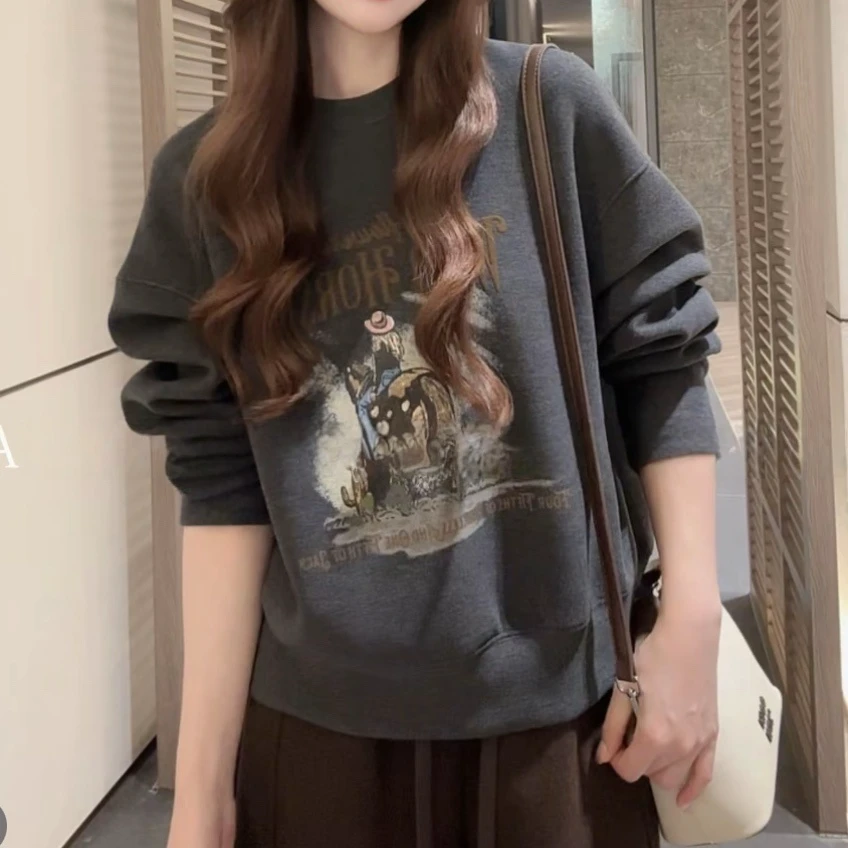 美式复古别致宽松酷潮无帽圆领人物印花字母卫衣2025秋季长袖上衣