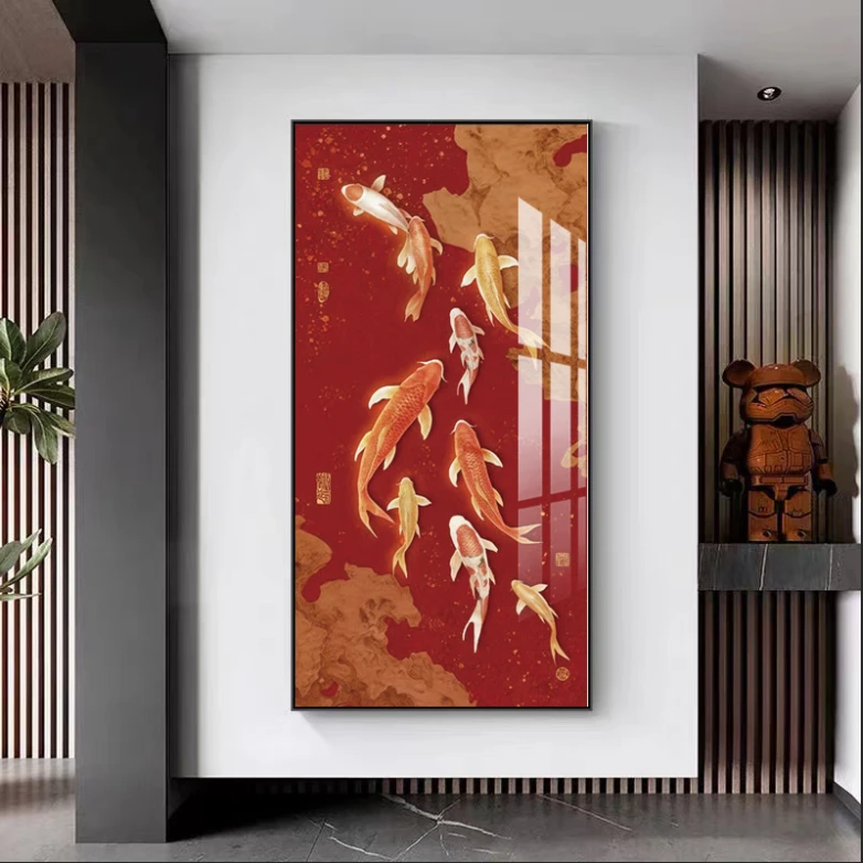 喜庆九鱼聚财进门框画福到家玄关过道烤瓷面铝合金边发光画