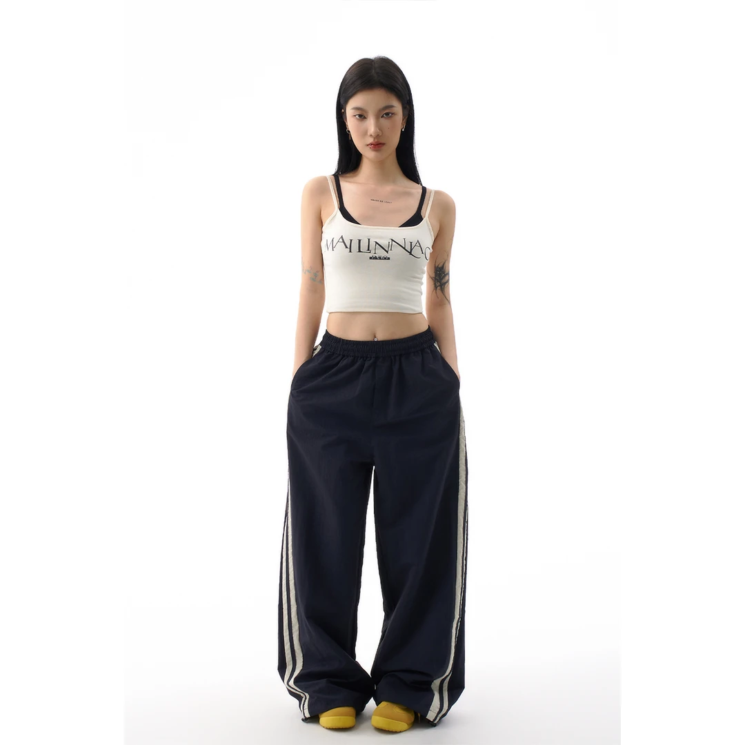 AGUA美式阔腿速干裤女春夏设计感复古条纹撞色宽松运动裤休闲长裤