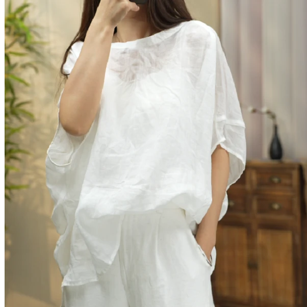 100%苎麻落肩袖文艺风显瘦时尚款宽松透气凉爽舒适气质
