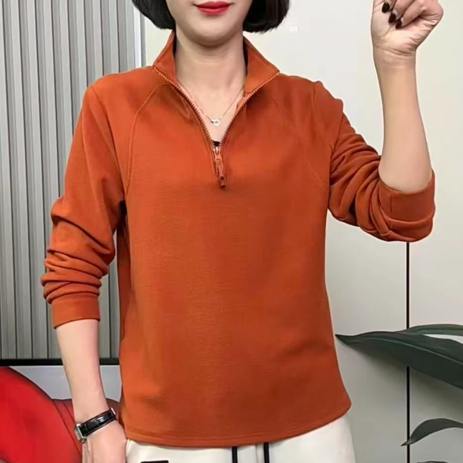 2025秋季纯色半拉链立领休闲宽松显瘦百搭卫衣女士妈妈装上衣卫衣