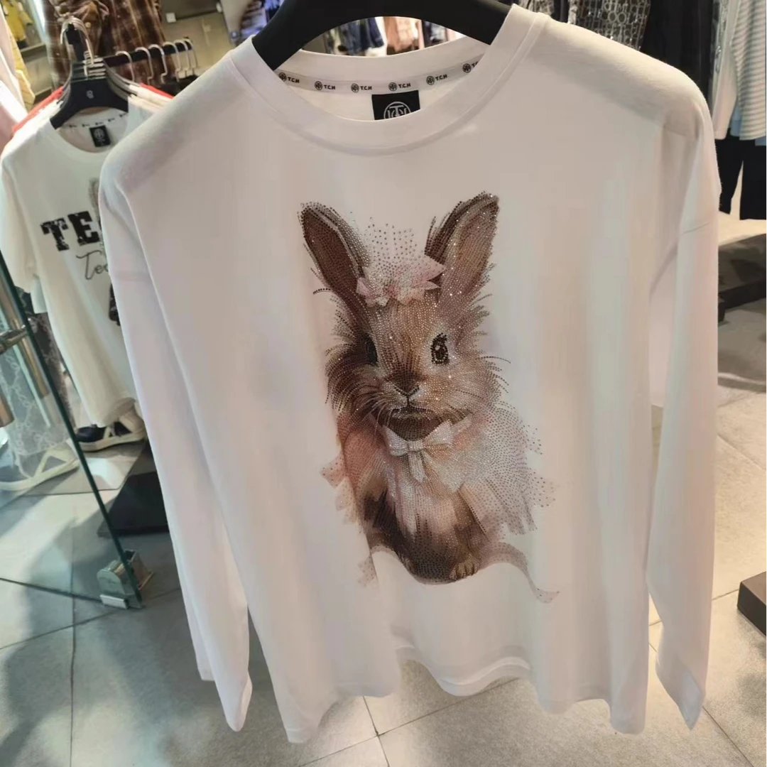 TCH轻奢烫钻工艺秋款时尚卡通兔子长袖t恤T75C08E9009私服tch