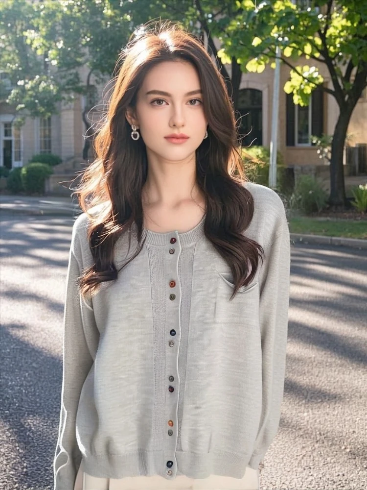 普拉那 855 新款针织衫时尚上衣圆领彩色糖果扣带口袋洋气开衫女