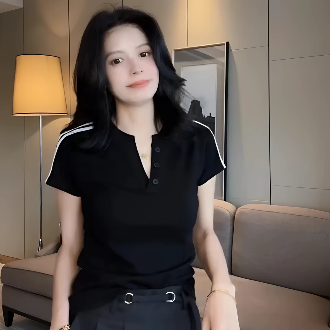 短袖学院风V领拼接撞色条纹T恤洋气ol韩版简约设计感休闲衫