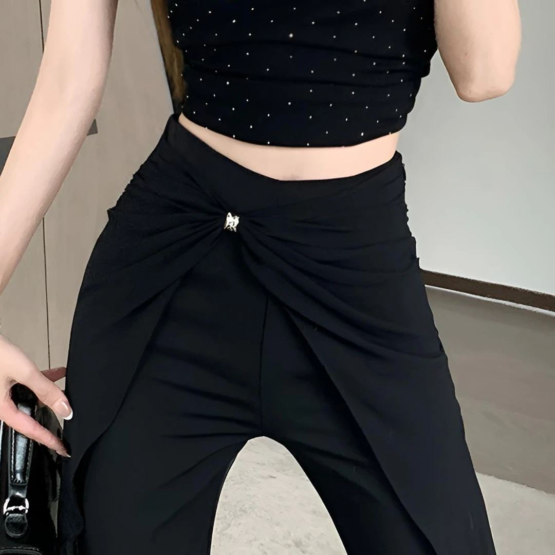 黑色微喇西装裤女春季设计感网纱拼接假两件屁帘高腰裤垂感拖地裤