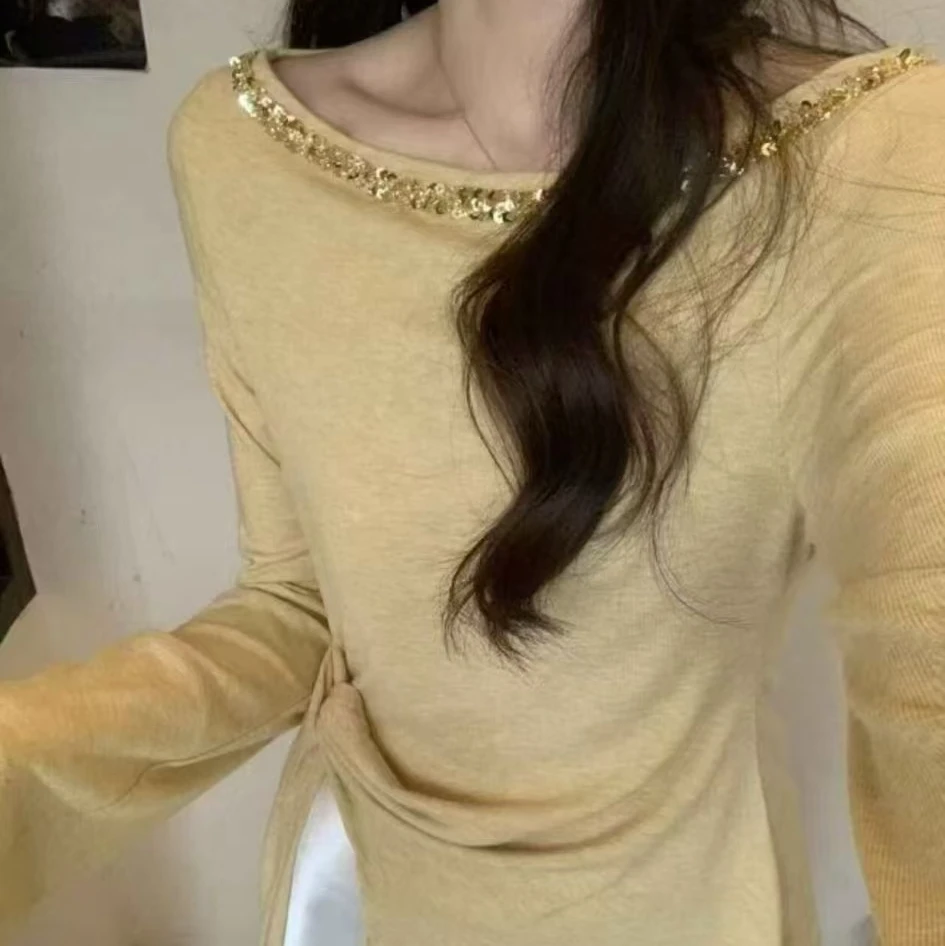 【一字肩】设计感一字肩针织衫女新款韩版修身显瘦侧系带不规则上衣