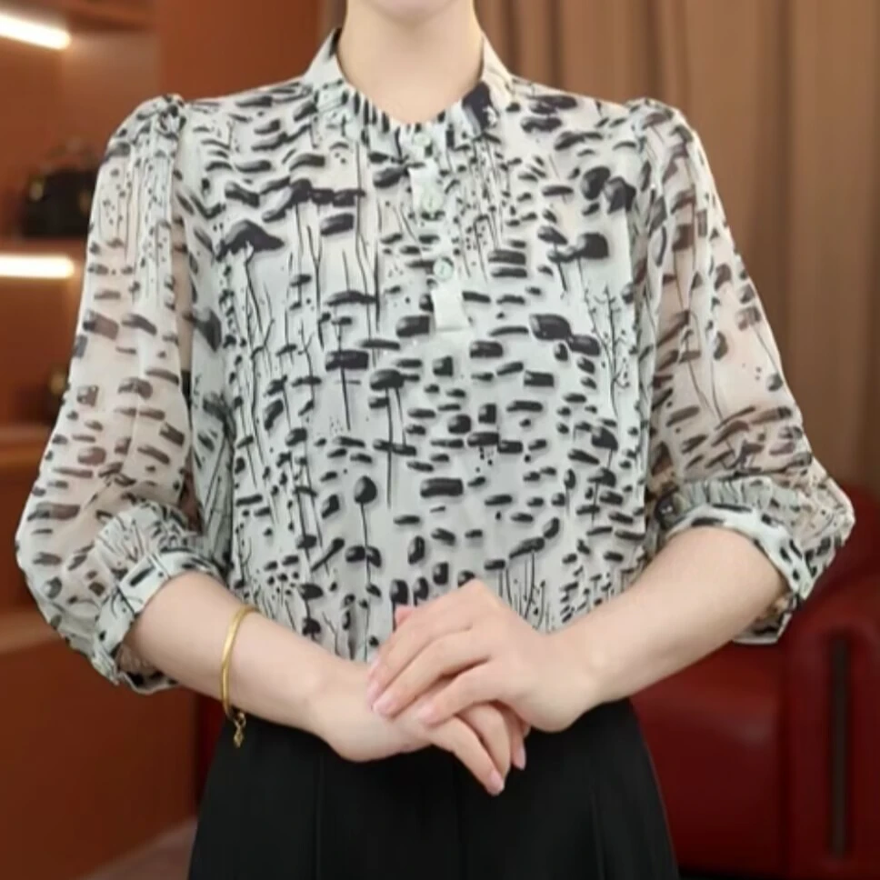 【洒银】夏季薄款七分袖冰丝衬衫洋气胖mm大码宽松显瘦雪纺上衣