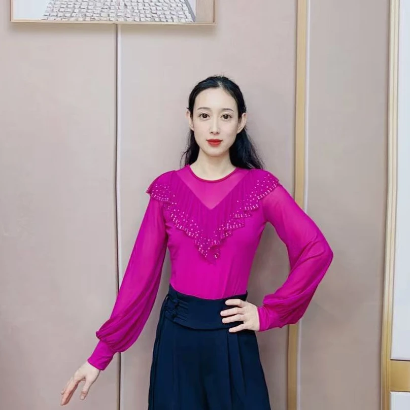 欢舞阁摩登双人舞广场舞荷叶边拼灯笼袖烫钻女长袖上衣A0759