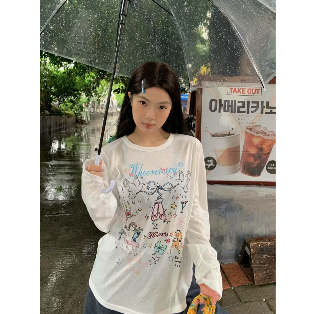 韩系自制创意涂鸦印花圆领宽松休闲T恤女夏季甜酷少女短袖上衣